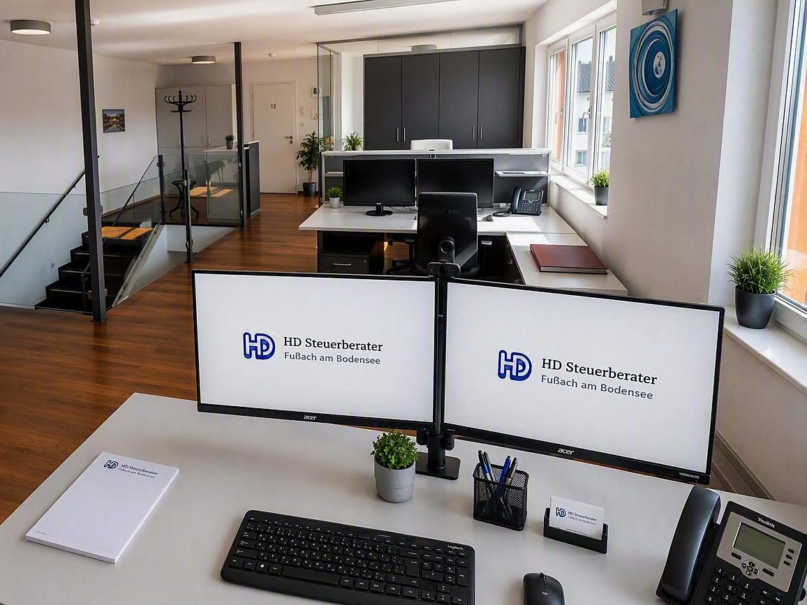 Arbeitsplatz mit zwei Bildschirmen, dahinter Treppe und Glasgeländer